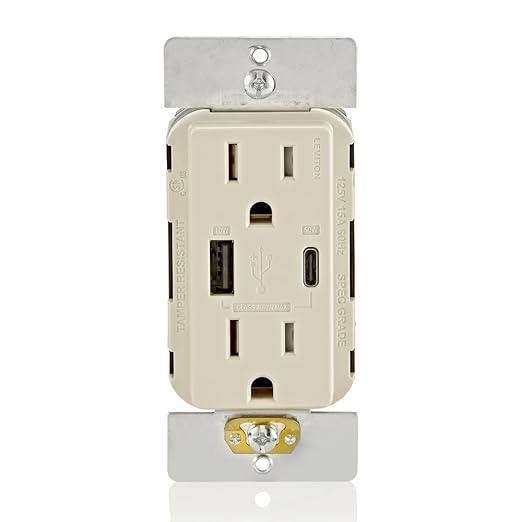 Leviton T5634-T 60W (20V@2.5A+ 5V@2A) USB Dual Type A/Type-C Power Delivery in-Wall Charger with 15A Tamper-Resistant Outlet, USB Charger for Smartphones, Tablets, Laptops, Light Almond