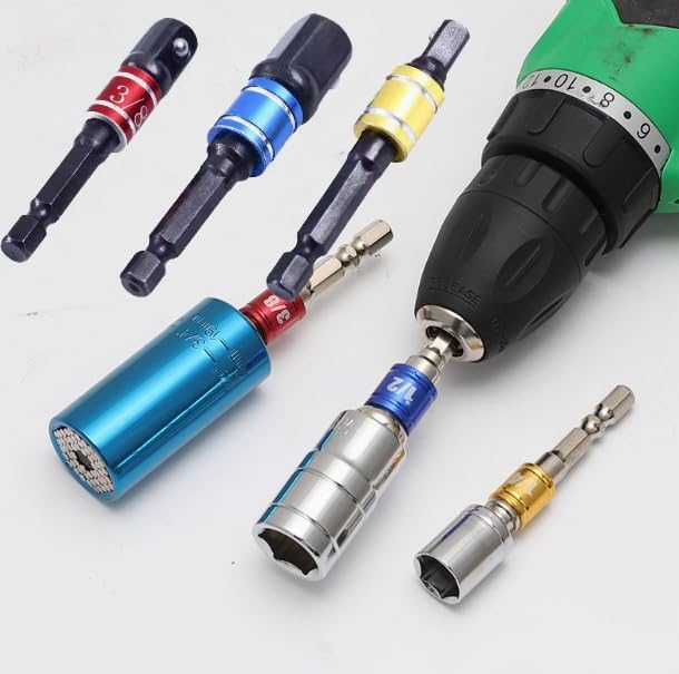 Impact Socket Adapter Set with 3 joint sockets (1/4", 3/8", 1/2") that transforms your power drill into a high-speed nut driver. Includes drill adapter and extension set for versatile use