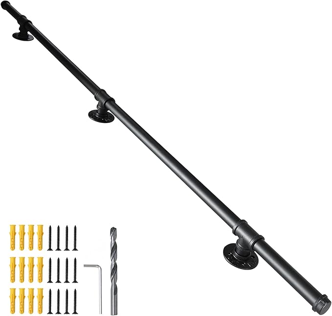 SCIEO Stair Railing Indoor, 6.6FT Staircase Handrail Wall Mount Hand Rail for Indoor & Outdoor Steps, Industrial Pipe Stair Handrails Grab Bar Metal Galvanized Steel Hand Railing for Stairs Steps