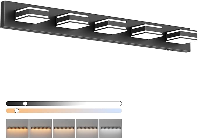 Ralbay 40.5inch Black Vanity Light with 5 Color Temperatures (3000K-6000K) Dimmable Metal Acrylic Modern LED Matte Black Bathroom Lighting Over Mirror (5-Light)