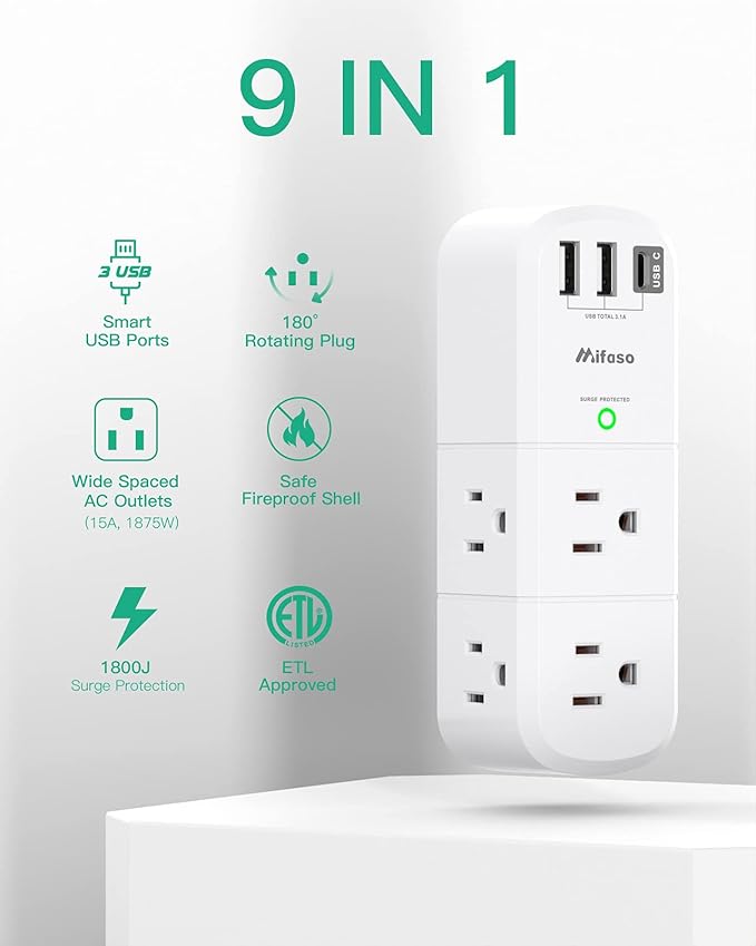 Outlet Extender with Rotating Plug, Mifaso Surge Protector 6 AC Multi Plug Wall Outlets and 3 USB Ports, 1800 Joules, 3-Sided Swivel Power Strip Spaced Splitter for Home, Travel, Dorm Room Essentials