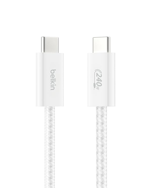 Belkin USB C to USB C Cable, 3.3ft, 240W - Type C Charger, iPhone Charger Cord, Soft, Braided, Flexible for iPhone 16, Galaxy S25, Pixel 9, MacBook, Chromebook, iPad Pro, Switch Steam Deck – White