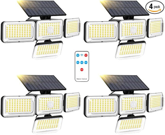 Mokot Solar Lights Outdoor, 288 LED 2800LM Motion Sensor Outdoor Light with Remote Control, 4 Heads IP65 Waterproof Solar Flood Security Lights for Outside Patio Wall - 4Pack