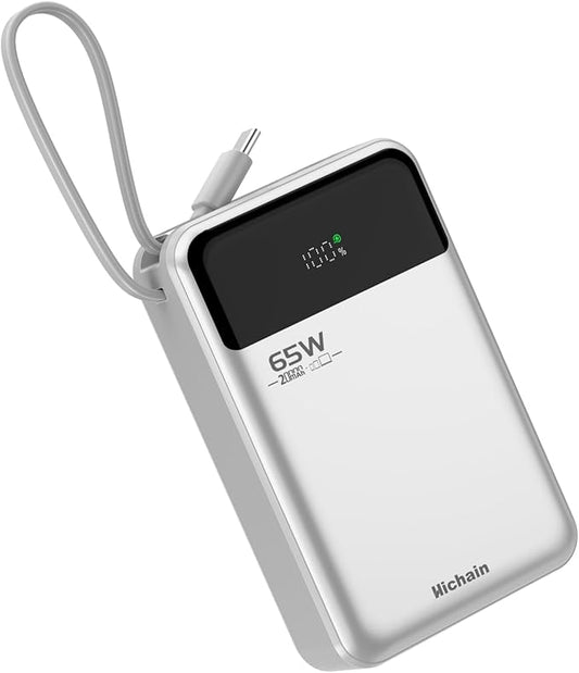 Hichain Laptop Power Bank 65W 20000mAh Portable Charger with Built-in USB-C Cable, 3-Port Fast Charging Battery Pack for MacBook iPhone 17 16/15 Series Android Switch Travel Essential Silver
