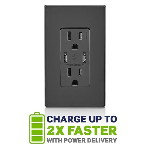Leviton T5635-E 30W (6A) USB Dual Type-C/C Power Delivery In-Wall Charger with 15A Tamper-Resistant Outlet, USB Charger for Smartphones, Tablets, Laptops, Black