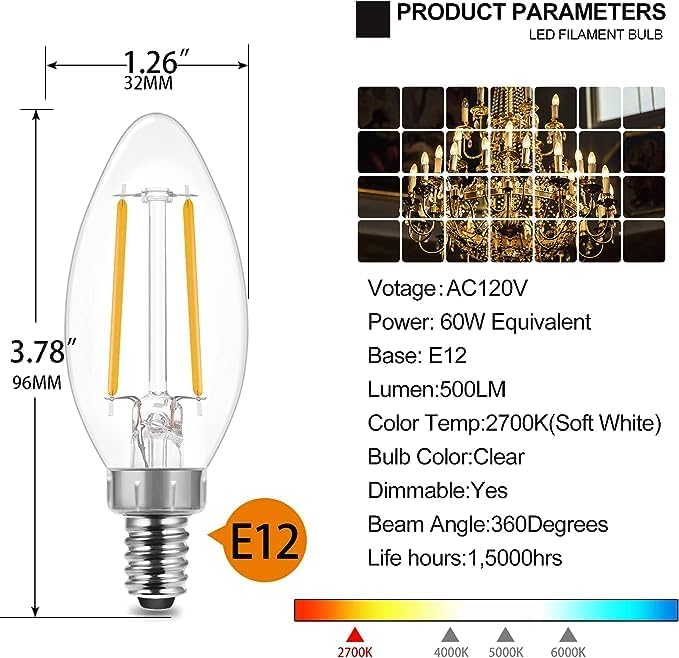 Energetic LED Candelabra Light Bulbs B10, Soft White 2700K, E12 Base, 60 Watt Equivalent Chandelier LED Edison Bulbs, Dimmable, 24 Pack