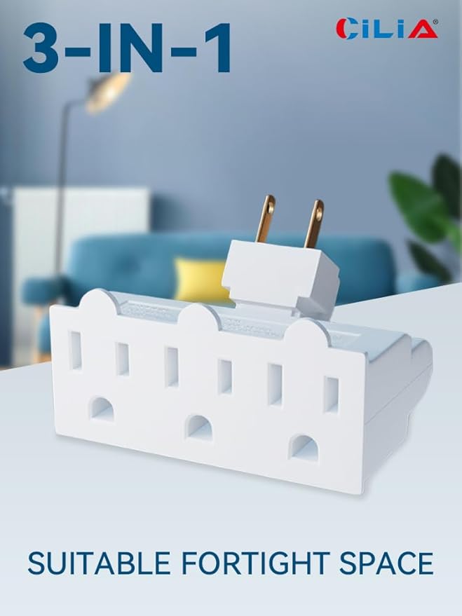 CILIA 1 PC 3 Electrical Outlet Wall Adapter, Multi-Outlet Power Strip ETL Listed 3-Prong Grounded 180 Degree Swivel Indoor AC Mini Plug Wall Outlet Extender Tap White