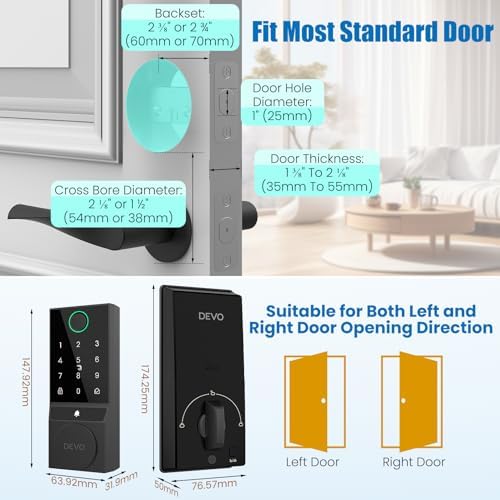 Devo G2 Smart Lock,Finger Print Digtal Smart Locks, Front Door Keyless Entry Door Lock,Bluetooth Smart Deadbolt, App Remote Control,Electronic Touchscreen Keypad Deadbolt, Auto Lock(Black)