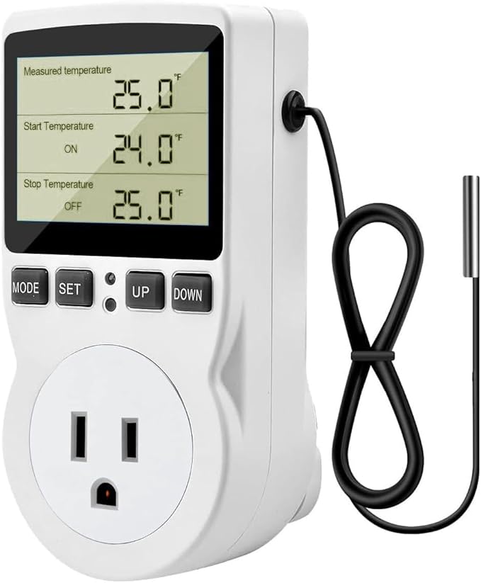 Diymore 1800W Plug in Thermostat Temperature Controller Electric Digital RV Thermostats Heating Cooling Control Mode Timer White 120V 15A Digital Temperature Controller Thermostat Timer LCD Display