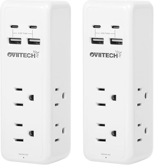 Multi Plug Outlet Extender, 4USB Wall Charger, Wall Plug Splitter with 6 Outlets 450J Electrical Power Expander with Surge Protector,Spaced for Travel,Home, Office, White 2Pack