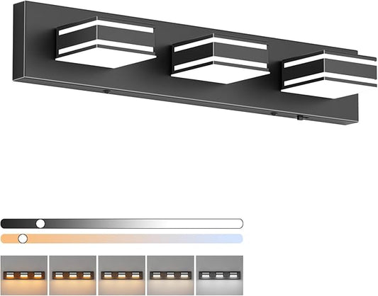 Ralbay 24inch Black Bathroom Vanity Lights with 5 Color Temperatures (3000K-6000K) Dimmable Modern Metal Acrylic LED Matte Black Bathroom Wall Lighting Fixtures (3-Light)