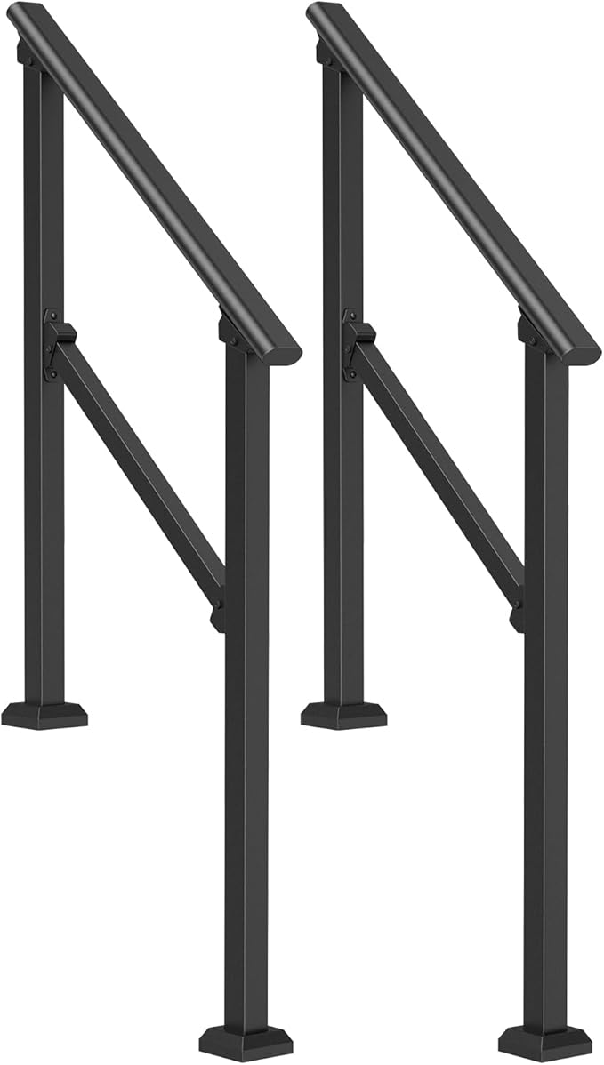 VEVOR Handrails for Outdoor Steps, 2 PCS 2 Step Stair Hand Rail Kit, Transitional Carbon Steel Railings with Installation Kit, Stair Rails for Seniors, Concrete & Porch & Deck, Black Square Tube