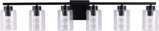6 Light Bathroom Light Fixtures, 40 Inches Bathroom Lighting Fixtures Over Mirror, Black Vanity Light with Clear Glass Shades