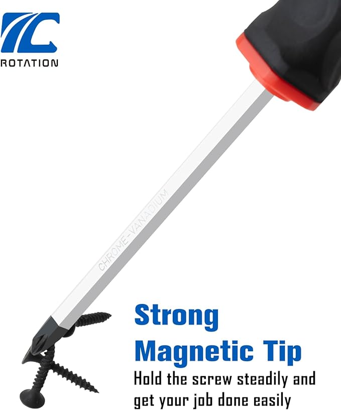 ROTATION Magnetic Screwdriver Set 12 PCS with Black tips, 6 Phillips and 6 Flat Head Screwdrivers, with Go-Thru Steel Blades, High Torque for Fastening and Loosening, pack with paper box