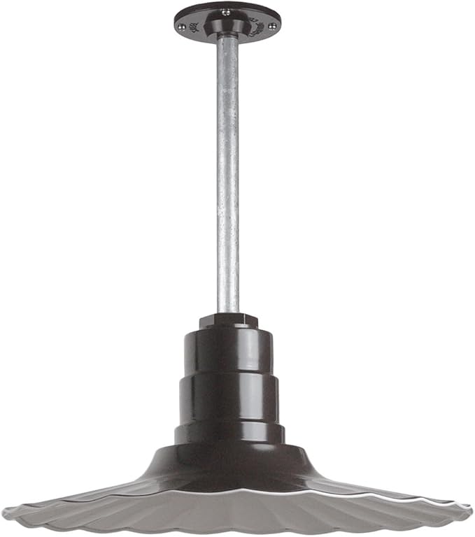Steel Lighting Co. Eagle Rock Pendant | Ceiling Mounted Light | 16 inch Radial Wave | 12 inch Stem | Heavy Duty Steel Retro Farmhouse Style Made in America | Dark Bronze Exterior/White Interior