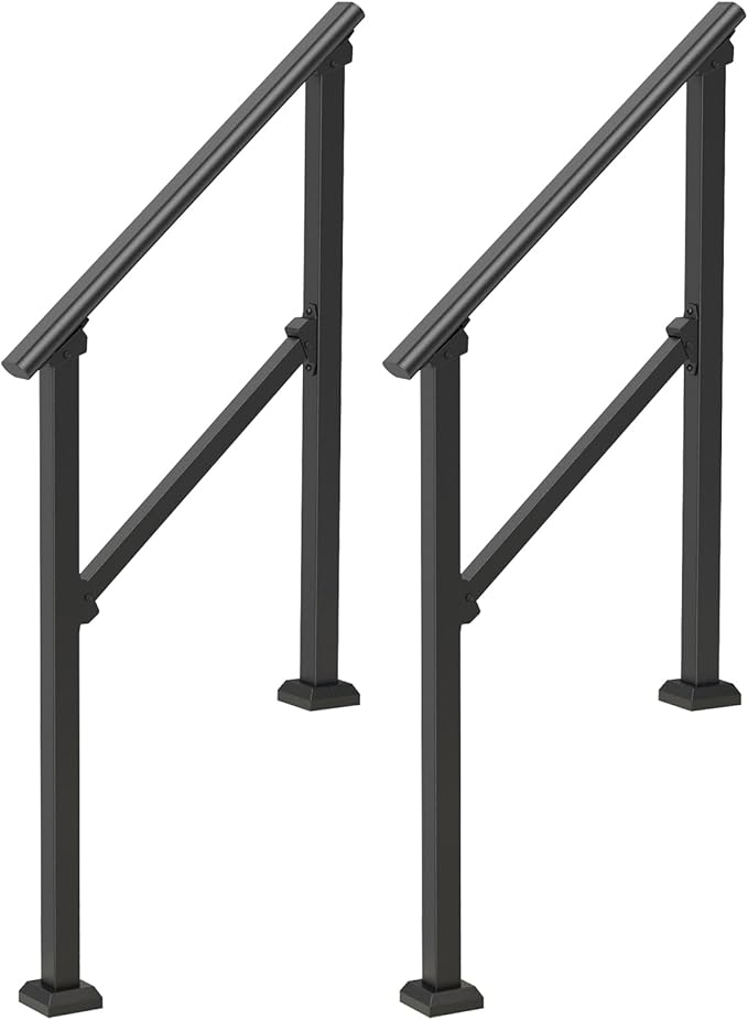 VEVOR Handrails for Outdoor Steps, 2 PCS 2 Step Stair Hand Rail Kit, Transitional Carbon Steel Railings with Installation Kit, Stair Rails for Seniors, Concrete & Porch & Deck, Black Square Tube