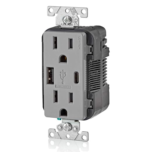 Leviton T5633-GY Type A & Type-C USB In-Wall Charger with 15A Tamper-Resistant Outlet, USB Charger for Smartphones and Tablets. Not for Laptops, Gray