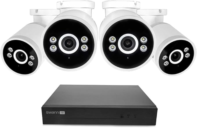 Swann AdvancedX Wired NVR 4K Security Camera System, 8 Channels, 4 PoE Cameras Outdoor, 1TB HDD Storage, Color Night Vision, Smart AI Video Analytics/Alerts, Motion Detection, 24/7 Recording