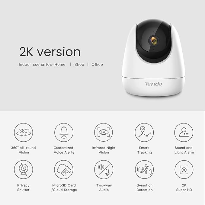 Tenda CP6 2K Indoor Wireless Pan Tilt Cameras for Home Security, Baby Monitor, Pet Camera with Phone APP, 2-Way Audio, Night Vision, Auto Tracking, Siren, AI Human & Motion Detection