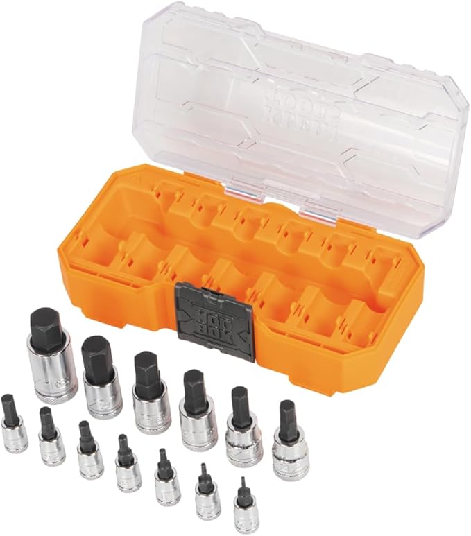 Klein Tools 65213HEX Knurled Hex Bit SAE Socket Set, 1/4, 3/8 and 1/2-Inch Drives, Premium Cr-V Steel, SAE Sizes 5/64 to 9/16-Inch, MODbox Case, 13-Piece