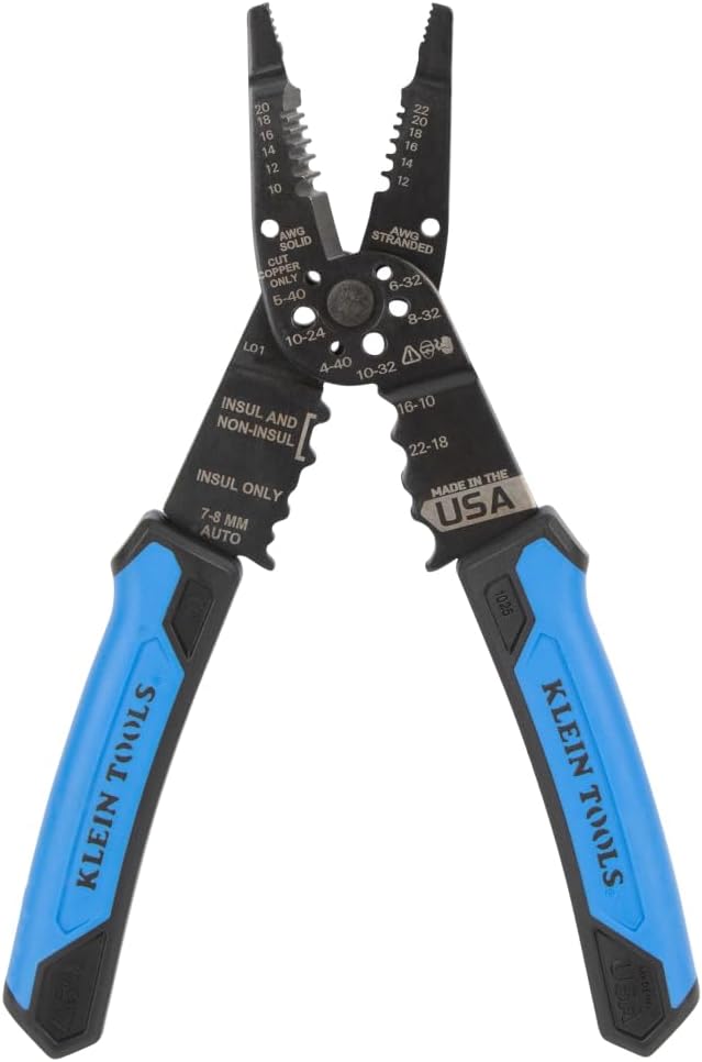 Klein Tools 1025 Long Nose Multi-Purpose Wire Stripper Tool, Made in USA Professional Electrician Tools, Crimping Tool, Cable Stripper for 10-20 AWG Solid, 12-22 AWG Stranded Wire