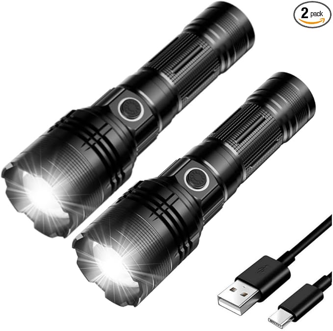 Rechargeable Flashlight, Tactical Flashlights 2000 High Lumens, USB C Bright Flashlights, 2 Pack Handheld LED Flashlight Rechargeable 5 Modes for Home,Camping, Police, etc