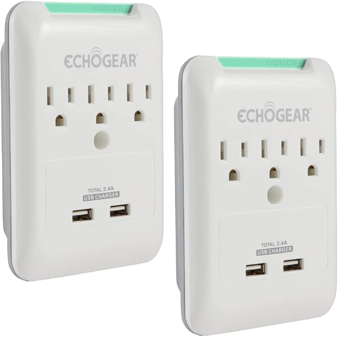 ECHOGEAR Outlet Extender Multiplug 2 Pack with 3 AC Outlets & 2 USB Ports – Low Profile Design Sits Just 1.1" from Wall - Protects Your Gear with 540 Joules of Surge Protection
