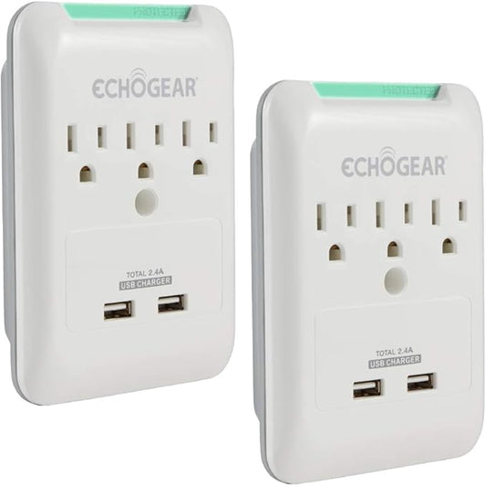 ECHOGEAR Outlet Extender Multiplug 2 Pack with 3 AC Outlets & 2 USB Ports – Low Profile Design Sits Just 1.1" from Wall - Protects Your Gear with 540 Joules of Surge Protection