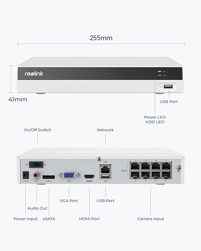 REOLINK NVR RLN8-410-White, 8 Channel, Network Video Recorder for Home PoE Security Camera System, Only Work with 16MP/12MP/4K/8MP/5MP/4MP Reolink Camera, 24/7 Recording to Pre-Installed 2TB HDD