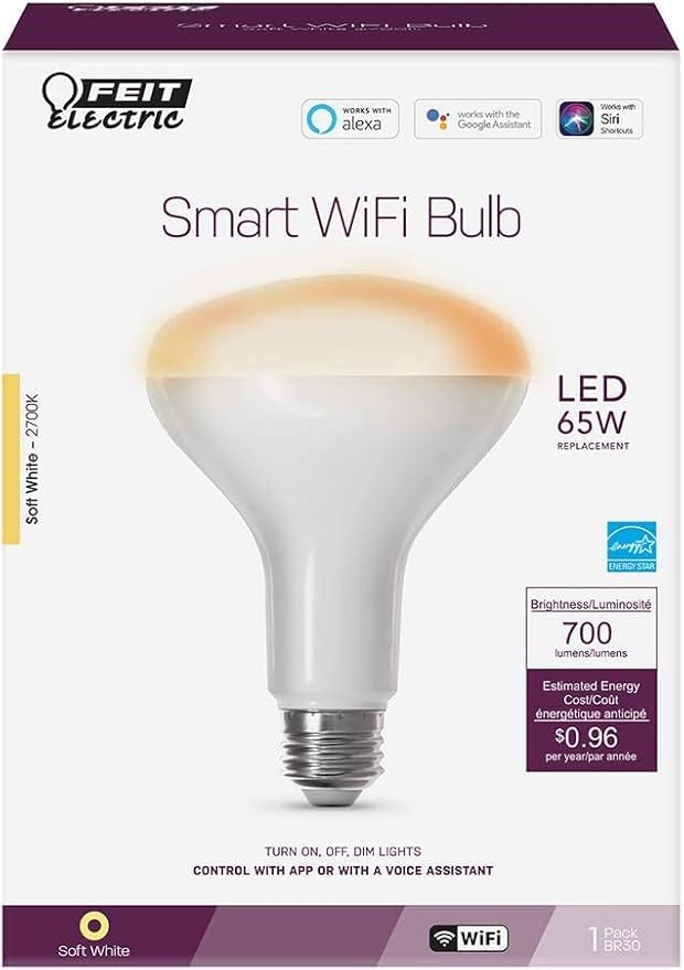 Feit Electric BR30/927CA/AG 65W Equivalent WiFi Dimmable, No Hub Required, Alexa Google Assistant BR30 Smart LED Light Bulb, 5" H x 3.72" D, 2700K Soft White
