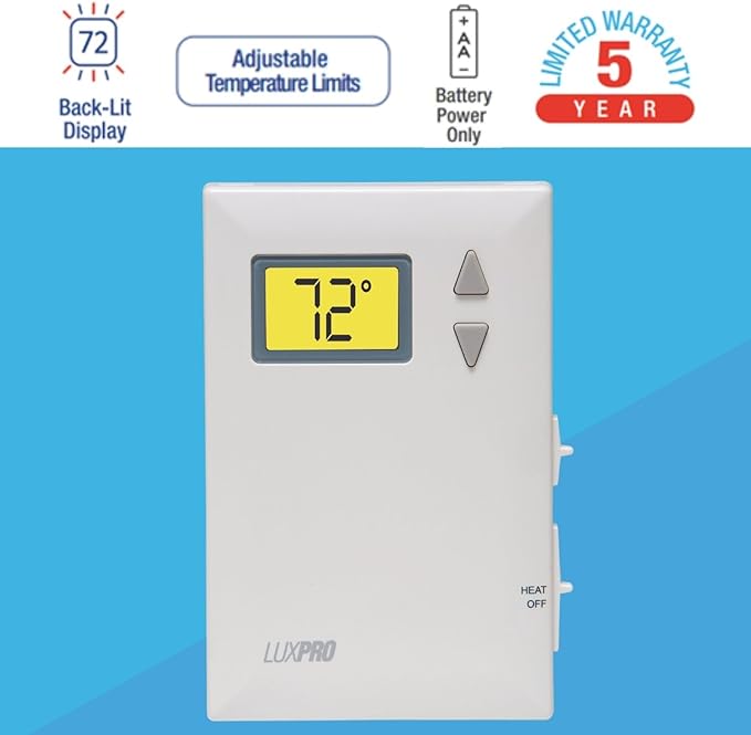 Lux Pro PSD010B Mechanical Non-Programmable Thermostat; 1 Heat Only; Without Fan; Batteries Included