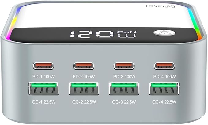 490W USB C Fast Charger, 8 Ports GaN USB Charging Station with 100W PD3.0 & QC3.0 Fast Charg Port and Digital Display Intelligent Fast Charging for Laptop/MacBook/iPad/iPhone Multiple Devices