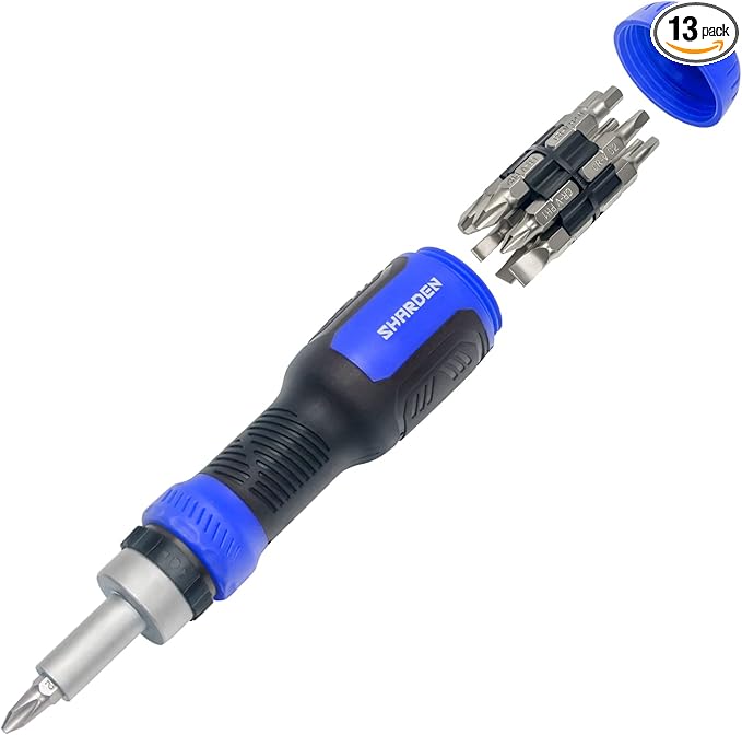 SHARDEN Ratcheting Screwdriver 13-in-1 Ratchet Screwdriver Set Multi Bit Screw Driver All in One Screwdriver with Torx Security, Flat Head, Phillips, Hex, Square and 1/4 Nut Driver