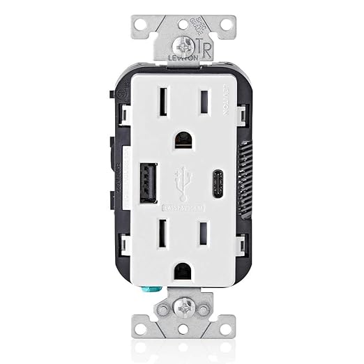 Leviton T5633-W Type A & Type-C USB In-Wall Charger with 15A Tamper-Resistant Outlet, USB Charger for Smartphones and Tablets, Not for Laptops, White