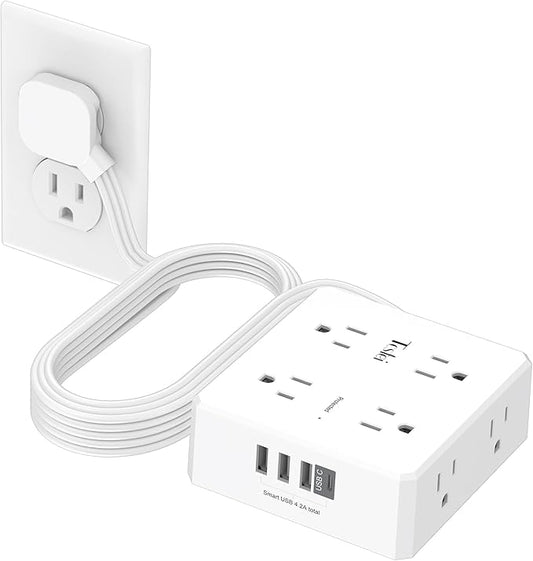 10 Ft Flat Extension Cord, Tcstei Ultra-Thin Flat Plug Surge Protector Power Strip, 3-Sided Outlet Extender, 8 AC Outlets and 4 USB Ports(1 USB C) for Home, Office, Dorm Room Essentials, ETL, White