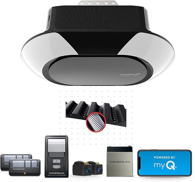 Chamberlain B6713T Smart Advanced Corner LED Lighting-myQ Smartphone Controlled-Ultra Quiet, Strong Belt Drive & MAX Lifting Power, Blue Garage Door Opener