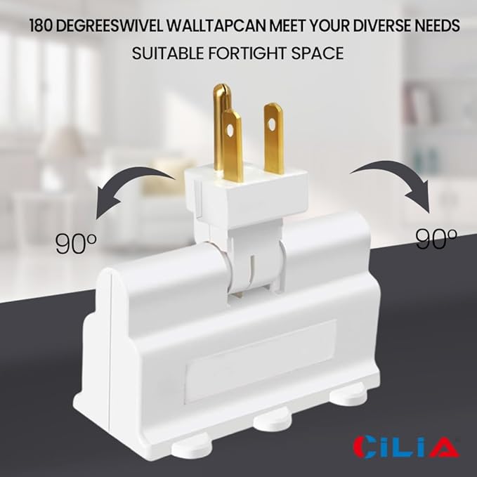 CILIA 1 PC 3 Electrical Outlet Wall Adapter, Multi-Outlet Power Strip ETL Listed 3-Prong Grounded 180 Degree Swivel Indoor AC Mini Plug Wall Outlet Extender Tap White
