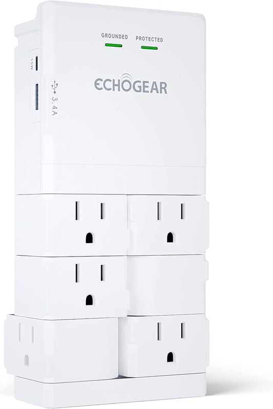 ECHOGEAR Wall Outlet with USB Ports & Surge Protection - Power Protect 8 Devices 6 Rotating AC Plugs 2 Includes 1x USB-C Port USB-A White