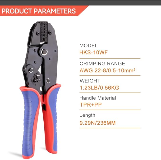 HKS Crimping Tool for Sleeves Ferrule Terminals & Pin Cord End- Ratcheting Wire Crimpers - AWG 22-8 (0.5-10mm²) - Ratchet Terminal Crimper - Electrical Crimping Tool（Old Version）