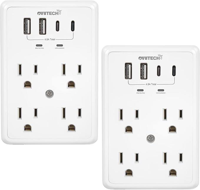 Multi Plug Outlet Extender Surge Protector Adapter, 6 Outlet with 4 USB Ports (2 USB C) 980J Power Strip Wall Charger Spaced for Travel,Home, Office, Dorm Room, White 2 Pack