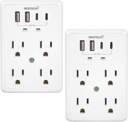 Multi Plug Outlet Extender Surge Protector Adapter, 6 Outlet with 4 USB Ports (2 USB C) 980J Power Strip Wall Charger Spaced for Travel,Home, Office, Dorm Room, White 2 Pack