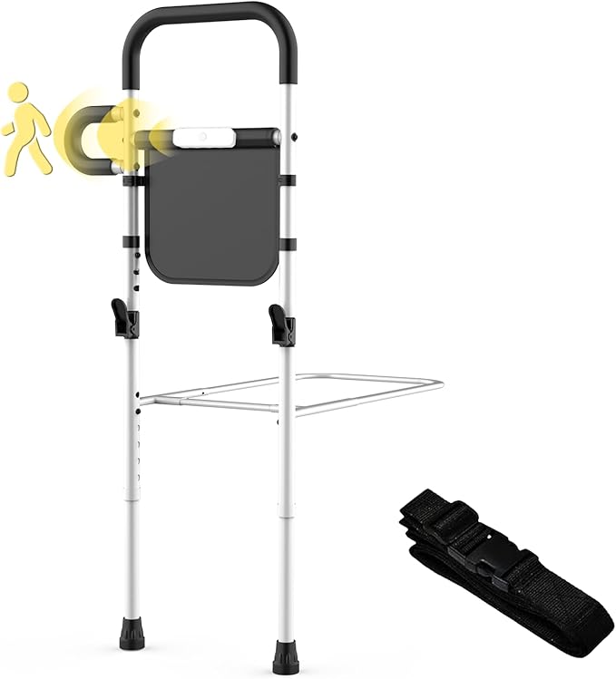 Bed Rails for Elderly Adults Safety with Motion Sensor LED Light - Adjustable Bed Assist Rails for Full Size, Portable Bed Cane for Seniors with Storage Pocket, Hold Up to 300 Lbs