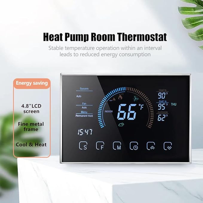 Smart Thermostats, Heat Pump Room Thermostat, 4.8 Inch Temperature Controller Color LCD Screen Programmable Thermostat for House, Fit for Alexa for Google for Home Office Hotel (Black)