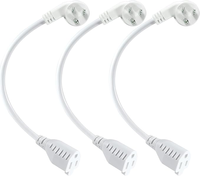 Short Power Extension Cord 1FT - Right Angle Flat Head Extension Cord with 3 Prong White Low Profile Flat Plug 3 Prong Power Cable Single Grounded SJT 16AWG Flexible Power Cord (3 Pack)