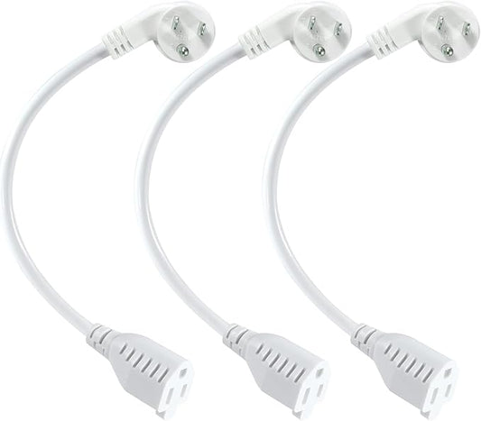 Short Power Extension Cord 1FT - Right Angle Flat Head Extension Cord with 3 Prong White Low Profile Flat Plug 3 Prong Power Cable Single Grounded SJT 16AWG Flexible Power Cord (3 Pack)