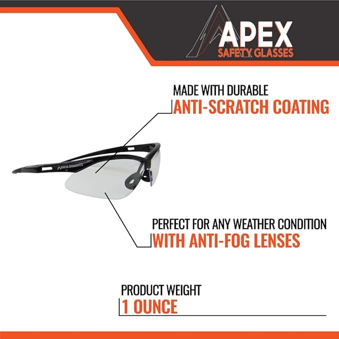 Malta Dynamics APEX Safety Glasses – Construction Safety Glasses for Men and Women with Anti Scratch and Anti Fog Protection, ISEA & ANSI Z87 Compliant (Clear, 12 Pairs)