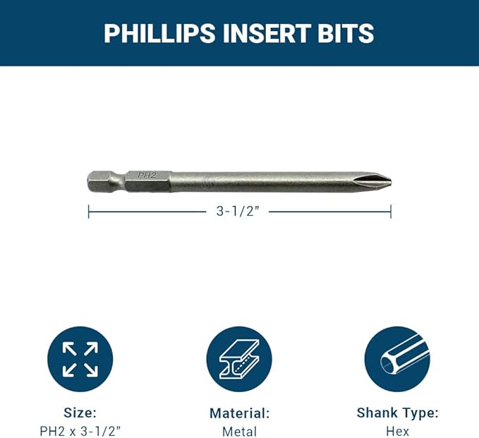 Benchmark Abrasives 1/4 Inch Hex Anti Slip Phillips Insert Screw Head Screwdriver Bits, Rotary Drill Bits for Repairing Electronics, Automotive Parts, Furniture (50 Pack) - (PH2 x 3-1/2")