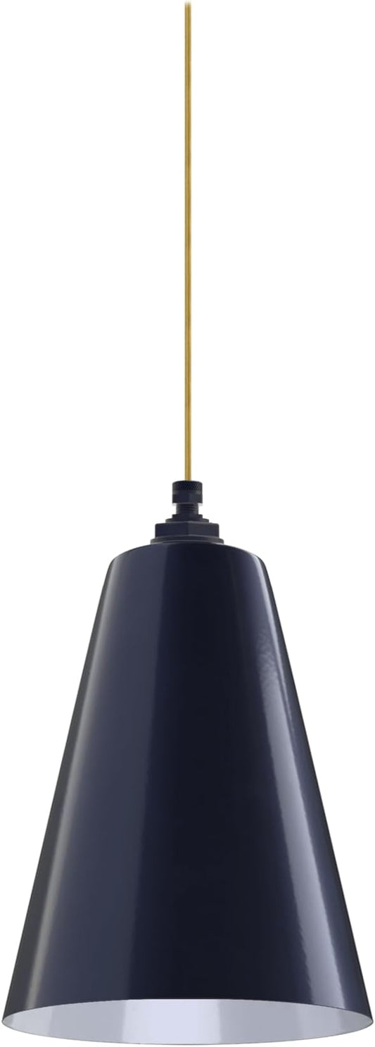 Steel Lighting Co. Laurel Pendant Light | Ceiling Mounted | 8.5 inch Cone Shade | Modern Contemporary Farmhouse Style Made in America | Gold Cloth Cord | Navy Blue Exterior/White Interior