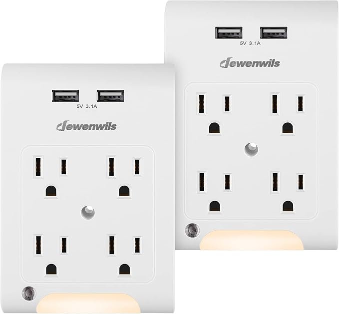 DEWENWILS Multi Plug Outlet 2 Pack, 4-Outlet Extender with 2 USB Ports, Light Sensor Night Light, 1080 Joules Surge Protector, ETL Listed