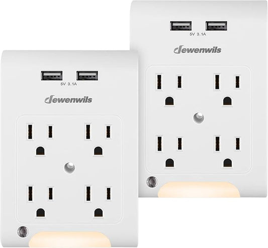 DEWENWILS Multi Plug Outlet 2 Pack, 4-Outlet Extender with 2 USB Ports, Light Sensor Night Light, 1080 Joules Surge Protector, ETL Listed